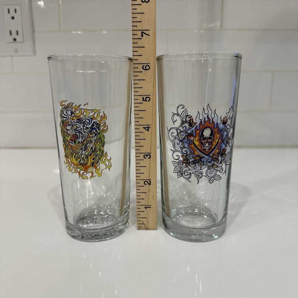 2 Don "ED HARDY" Drinking  /‎ Hi Ball Glasses By Christian Audigier Tiger Skull
